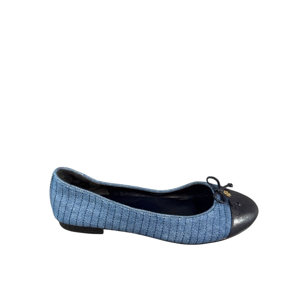 Tory Burch Blue Quilted Denim Leather Cap Toe Ballet Flats Navy Gold Logo 7.5M